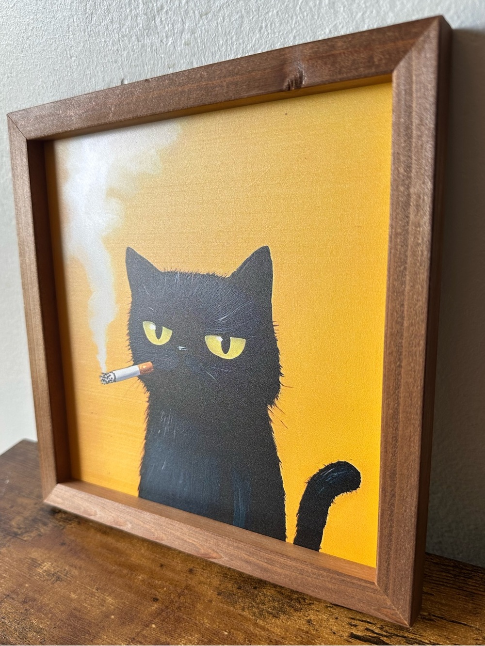 Framed Black Cat Smoking Art Wooden Wall Decor on Yellow Back 8x8” NEW - Picture 2 of 6